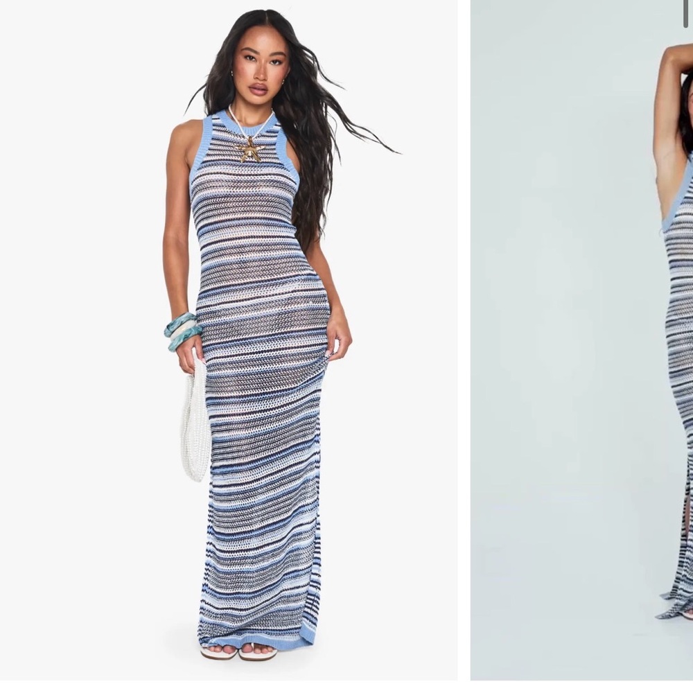 Blue Multi Striped Crochet Maxi Swim Coverup